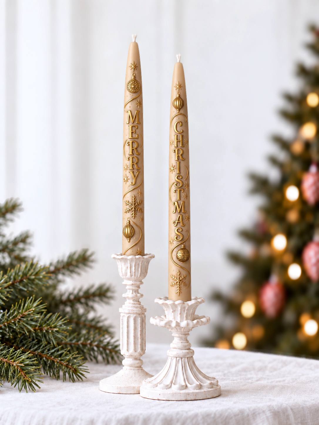 Two ivory Merry Christmas taper candles with gold lettering and ornaments in white candlesticks beside a Christmas tree