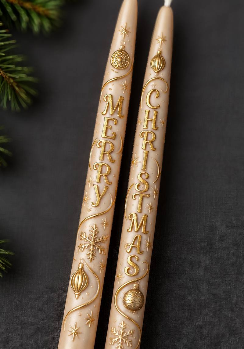 Close view of two ivory Merry Christmas taper candles with raised gold lettering, ornaments, snowflakes, stars and swirls