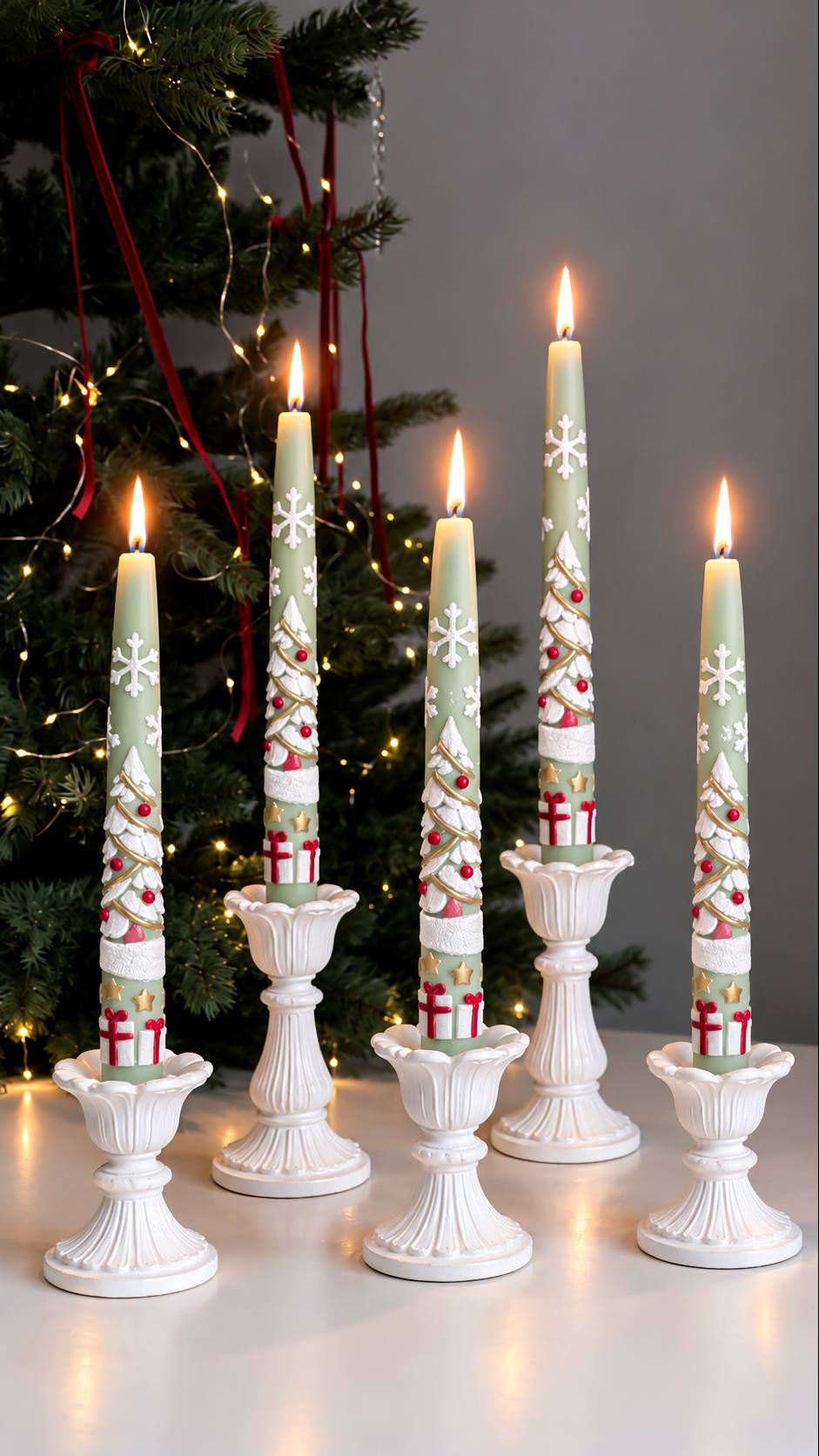 Sage green Christmas Morning taper candles with raised trees, gifts and snowflakes beside a lit Christmas tree