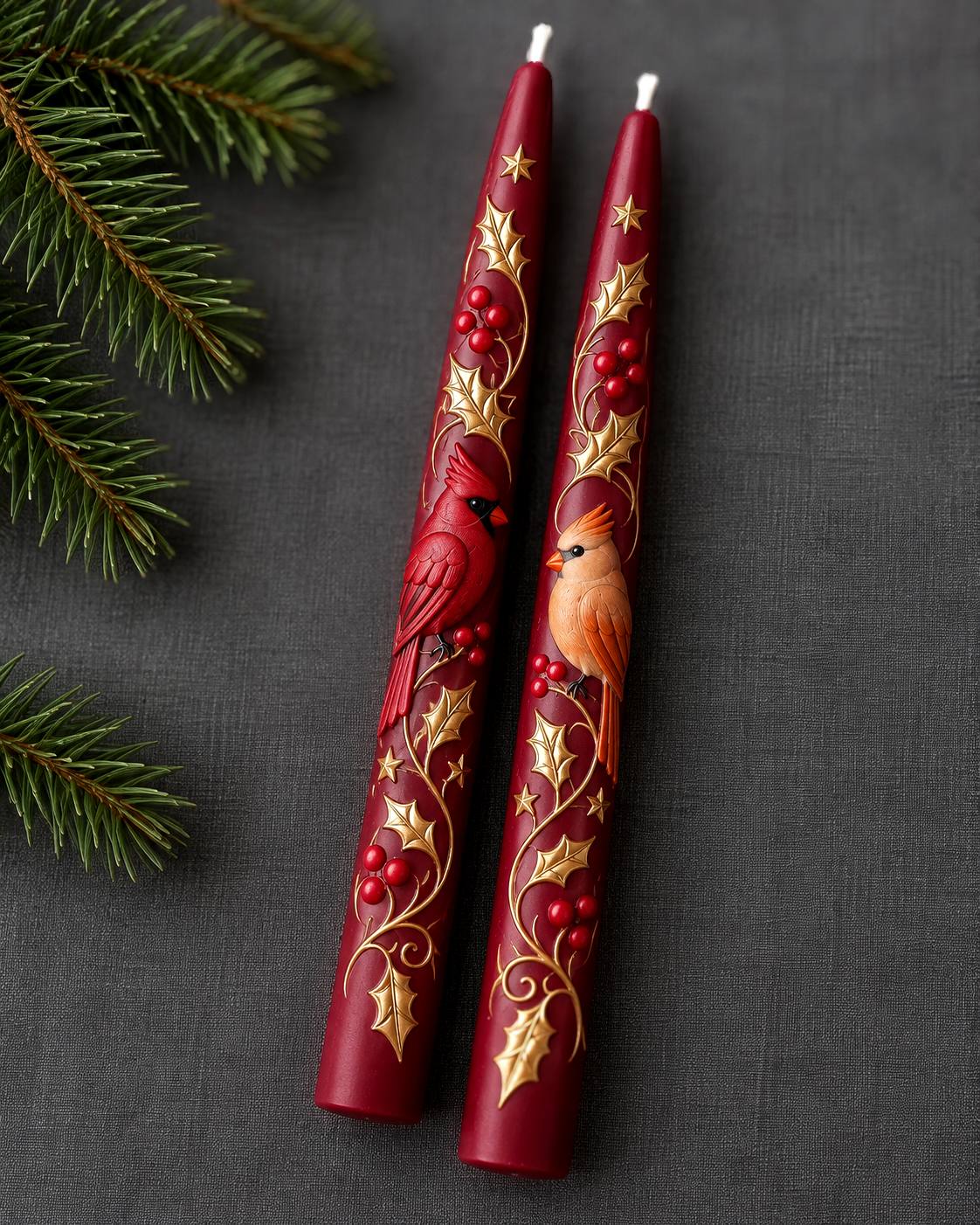 Two burgundy Cardinal taper candles with a red and a tan cardinal, gold holly leaves, red berries and stars