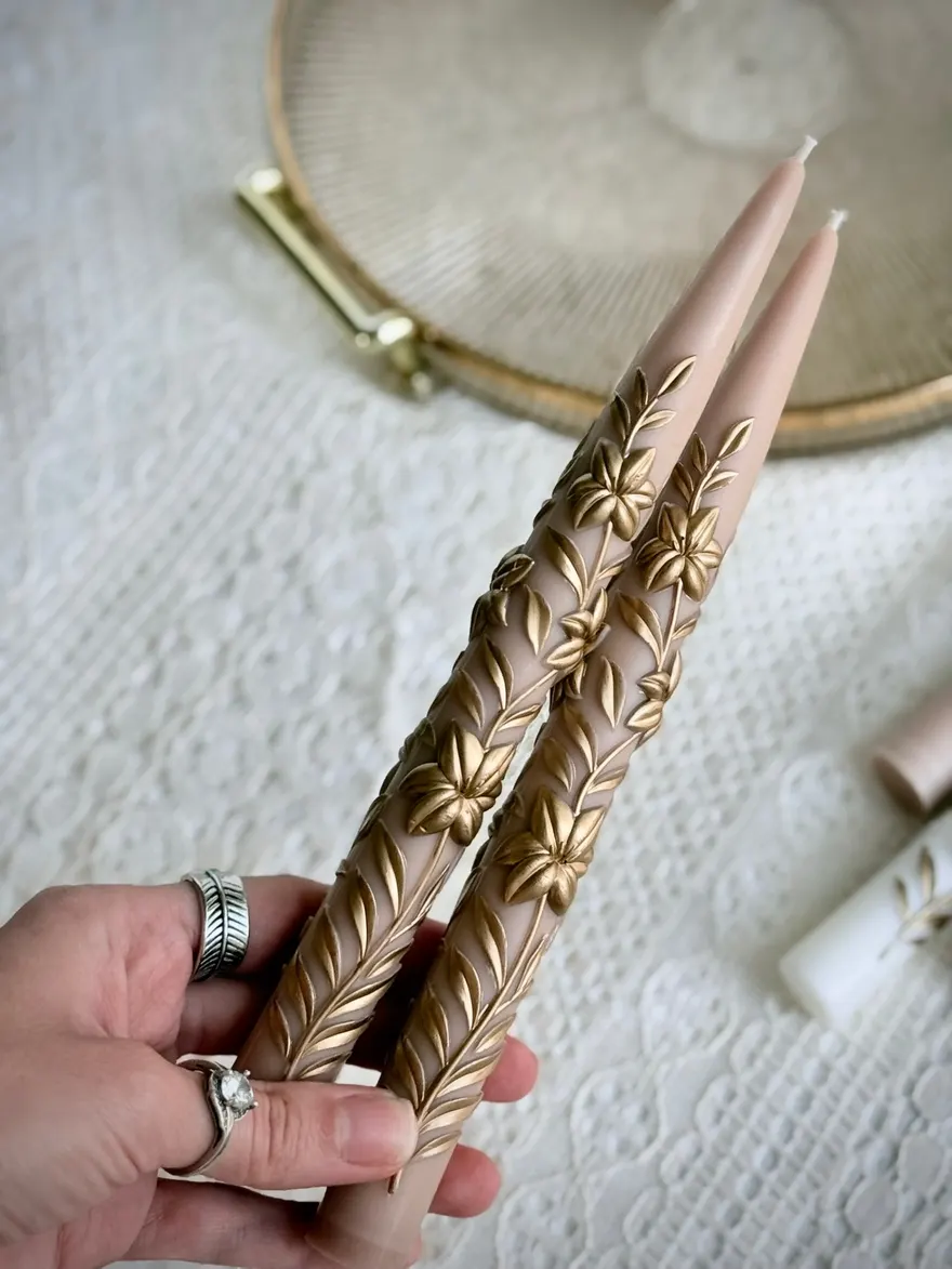 Gold-detailed floral taper candles