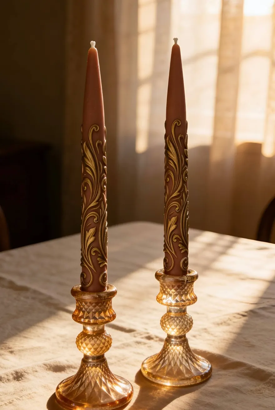 Baroque taper candles in glass holders