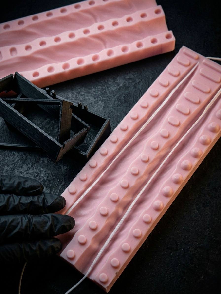Pink silicone taper candle molds with wicks laid out next to a black 3D-printed support frame in the Muse Molds studio
