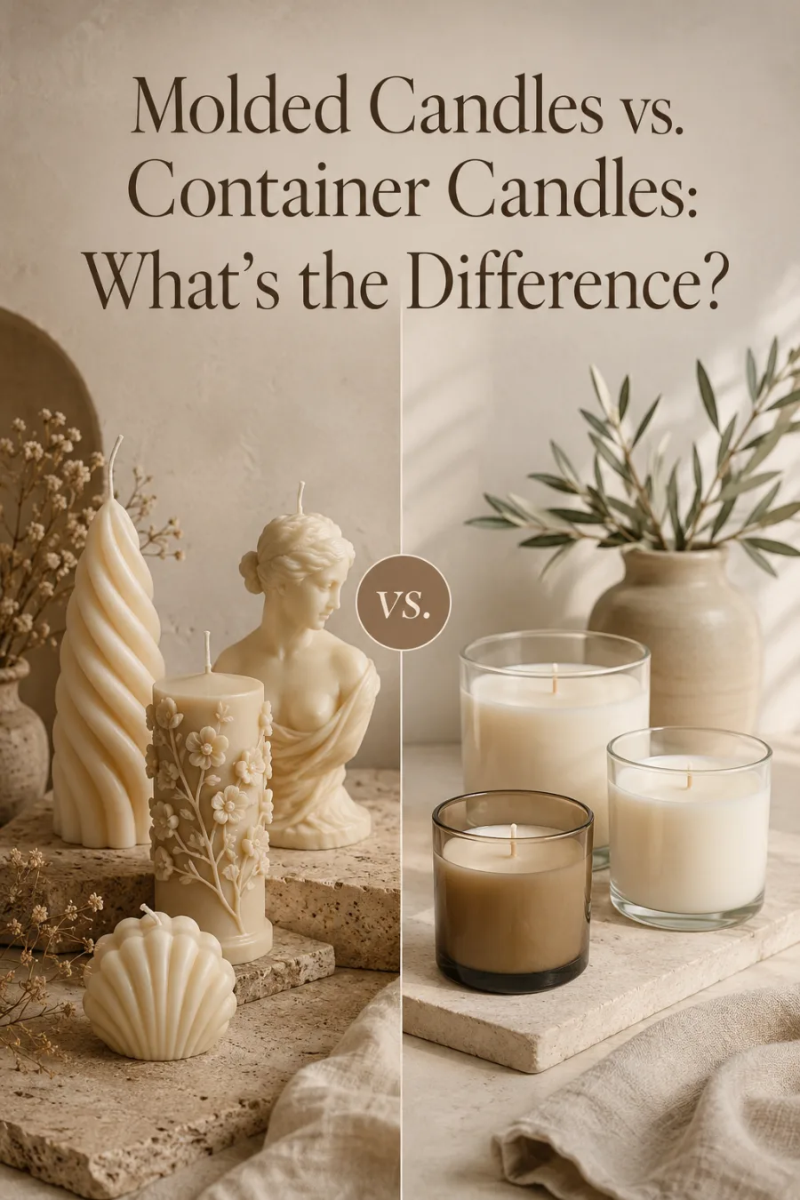 Molded candles and container candles shown side by side