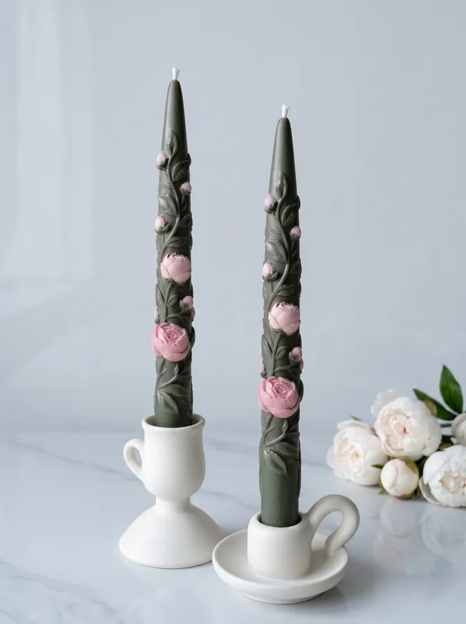 Two olive-green taper candles with sculpted pink peony roses in ceramic holders on a marble surface, made with Muse Molds silicone taper candle molds
